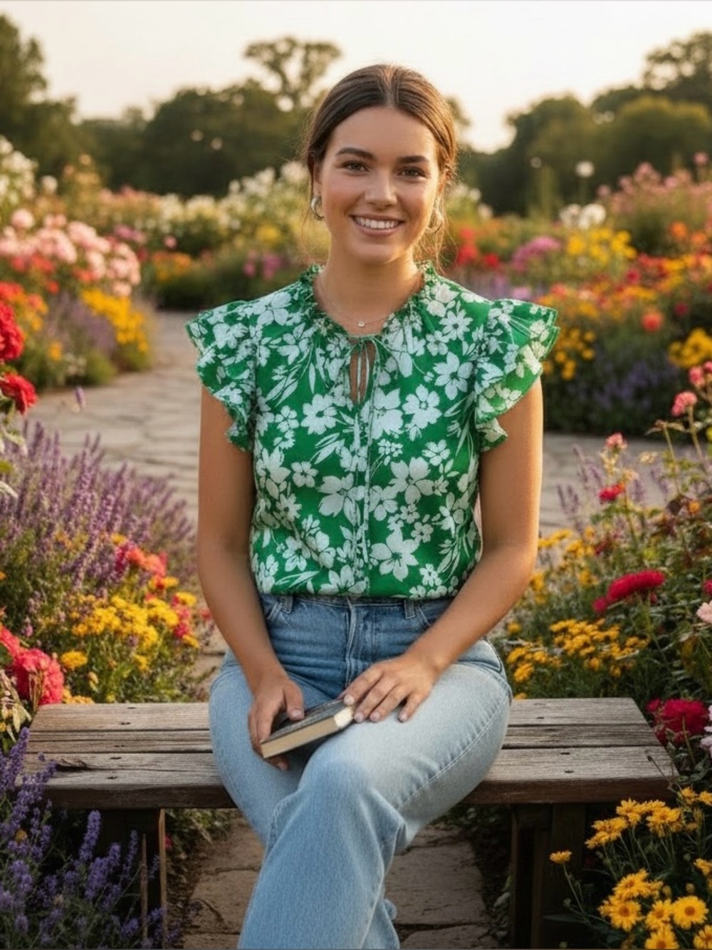 Flower & Feather Romantic Satiny M Green Floral Ruffle Sleeves Blouse W/Tie Neck